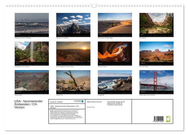 Produktbild: USA - faszinierender S&uuml;dwesten / CH-Version (Wandkalender 2026 DIN A2 quer), CALVENDO Monatskalender