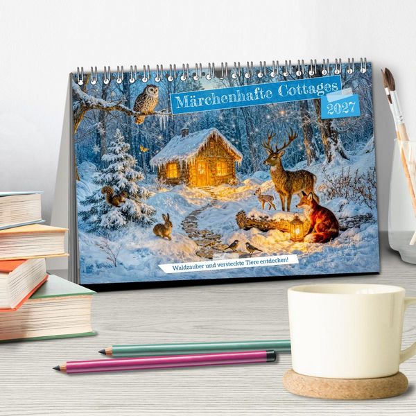 Produktbild: M&auml;rchenhafte Cottages - Waldzauber und versteckte Tiere entdecken! (Tischkalender 2027 DIN A5 quer), CALVENDO Monatskalender