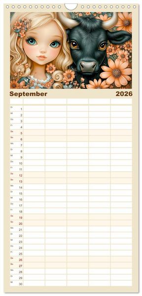 Produktbild: Familienplaner 2026 - Vertr&auml;umte M&auml;dchen. Tiere, Blumen, Liebe. mit 5 Spalten (Wandkalender, 21 x 45 cm) CALVENDO