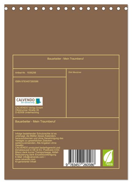 Produktbild: Bauarbeiter - Mein Traumberuf (Tischkalender 2026 DIN A5 hoch), CALVENDO Monatskalender