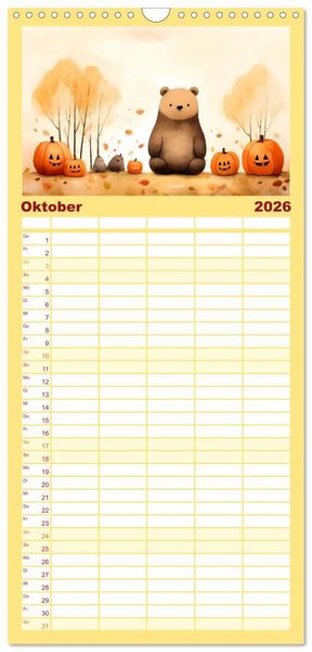 Produktbild: Familienplaner 2026 - B&auml;rige Illustrationen mit 5 Spalten (Wandkalender, 21 x 45 cm) CALVENDO