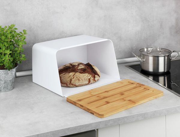 Produktbild: Brotkasten mit Bambusbrett Mod. Kubo, Wei&szlig;, mit integriertem Bambusschneidebrett
