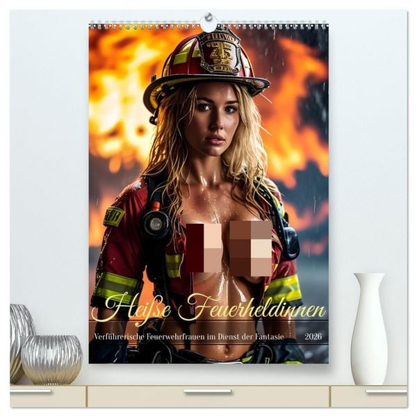 Produktbild: Hei&szlig;e Feuerheldinnen - Verf&uuml;hrerische Feuerwehrfrauen im Dienst der Fantasie (hochwertiger Premium Wandkalender 2026 DIN A2 hoch), Kunstdruck in Hochglanz