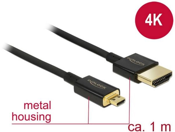 Produktbild: Delock HDMI Anschlusskabel HDMI-A Stecker, HDMI-Micro-D Stecker 1.00 m Schwarz 84781 4K UHD, vergoldete Steckkontakte HDMI-Kabel