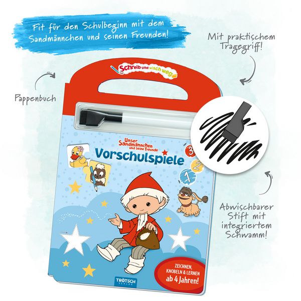Produktbild: Tr&ouml;tsch Unser kleines Sandm&auml;nnchen Schreib und wisch weg Vorschulspiele Sandmann Pappenbuch