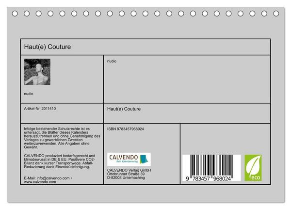 Produktbild: Haut(e) Couture (Tischkalender 2026 DIN A5 quer), CALVENDO Monatskalender