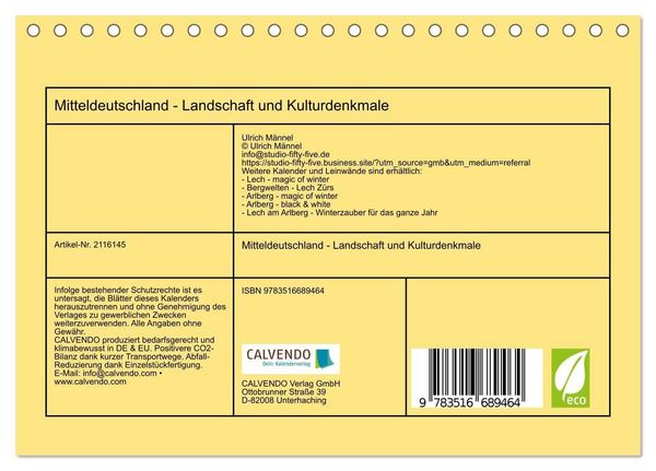Produktbild: Mitteldeutschland - Landschaft und Kulturdenkmale (Tischkalender 2026 DIN A5 quer), CALVENDO Monatskalender