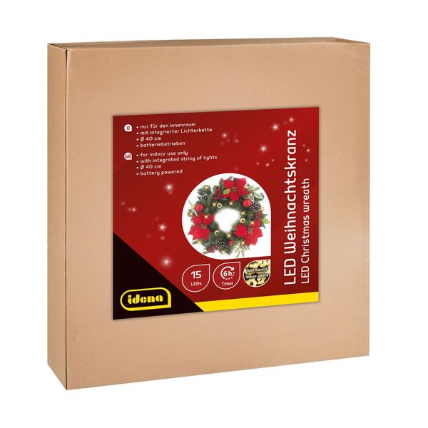 Produktbild: Idena Weihnachtskranz 15 LED 6h Timer &Oslash;40cm batteriebetrieben warmwei&szlig; f&uuml;r Innen