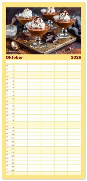 Produktbild: Familienplaner 2026 - Alles Schokolade oder was?! - Hei&szlig;e und kalte Gaumenfreuden aus Schokolade mit 5 Spalten (Wandkalender, 21 x 45 cm) CALVENDO