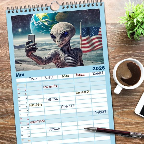 Produktbild: Familienplaner 2026 - Aliens auf Tour mit 5 Spalten (Wandkalender, 21 x 45 cm) CALVENDO