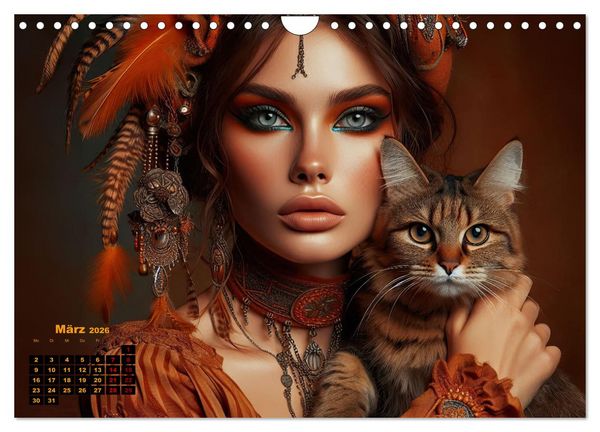 Produktbild: Luxuri&ouml;ser Bohemian Flair - Elegante Frauen mit anmutigen Katzen (Wandkalender 2026 DIN A4 quer), CALVENDO Monatskalender