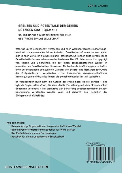 Produktbild: Grenzen und Potenziale der gemeinn&uuml;tzigen GmbH (gGmbH). Gemeinwohlorientiertes und solidarisches Wirtschaften f&uuml;r eine gest&auml;rkte Zivilgesellschaft