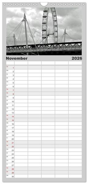 Produktbild: Familienplaner 2026 - London in Schwarz-Wei&szlig; mit 5 Spalten (Wandkalender, 21 x 45 cm) CALVENDO