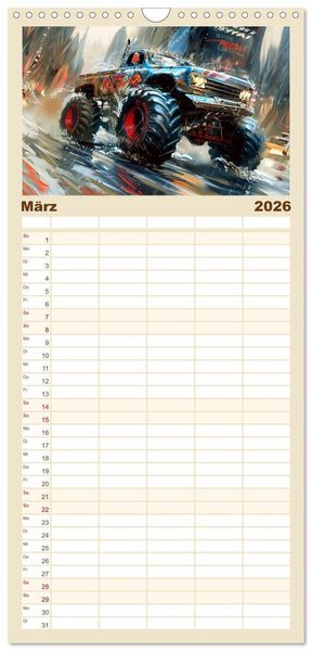 Produktbild: Familienplaner 2026 - Wilde Monstertrucks mit 5 Spalten (Wandkalender, 21 x 45 cm) CALVENDO