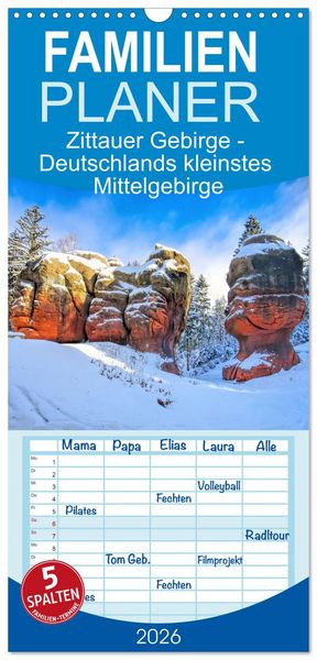 Familienplaner 2026 - Zittauer Gebirge - Deutschlands kleinstes Mittelgebirge mit 5 Spalten (Wandkalender, 21 x 45 cm) CALVENDO