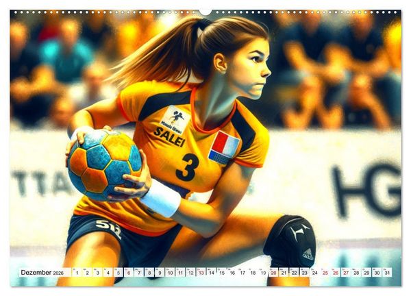 Produktbild: Handball Impressionismus, K&uuml;nstlerische Handballaktionen im KI-Pinselstrich (hochwertiger Premium Wandkalender 2026 DIN A2 quer), Kunstdruck in Hochglanz