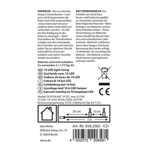 Produktbild: Idena Lichterkette 10 LED warmwei&szlig; 6h Timer 1m