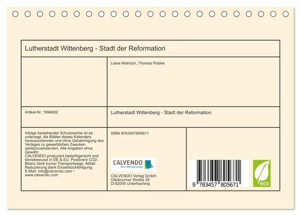 Produktbild: Lutherstadt Wittenberg - Stadt der Reformation (Tischkalender 2026 DIN A5 quer), CALVENDO Monatskalender
