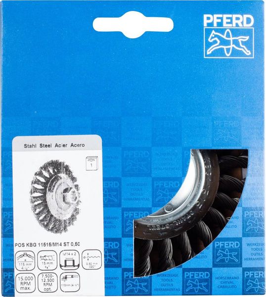 Produktbild: PFERD TOOLS Kegelb&uuml;rste gezopft KBG &Oslash; 115 x 15 mm M14 Stahl-Draht-&Oslash; 0,50 f&uuml;r Winkelschleifer POS KBG 11515/M14 ST 0,50 43315001 1 St.
