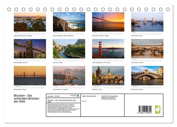 Produktbild: Br&uuml;cken - Die sch&ouml;nsten Br&uuml;cken der Welt. (Tischkalender 2026 DIN A5 quer), CALVENDO Monatskalender