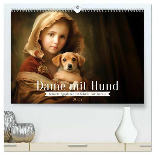 Dame mit Hund (hochwertiger Premium Wandkalender 2025 DIN A2 quer), Kunstdruck in Hochglanz