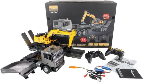 Produktbild: AMEWI 2-in-1 Tieflader/Bagger-Set G836E/G041E 1:24 RTR