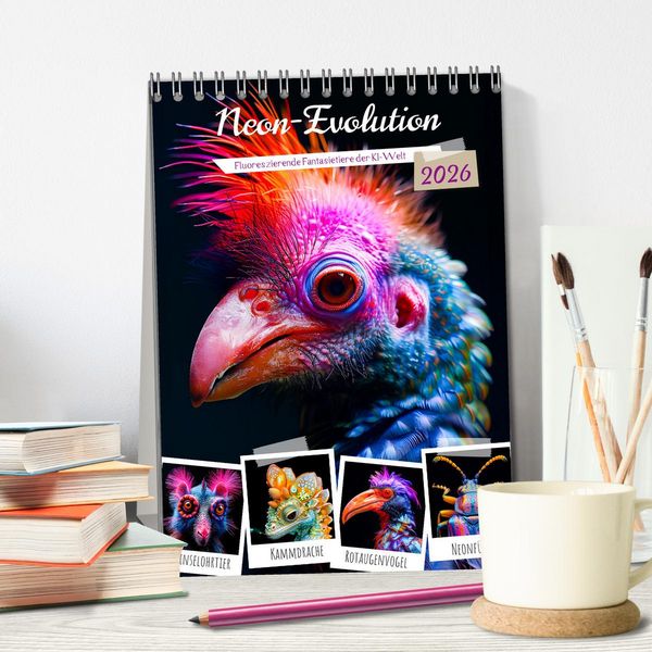 Produktbild: Neon-Evolution - Fluoreszierende Fantasietiere der KI-Welt (Tischkalender 2026 DIN A5 hoch), CALVENDO Monatskalender