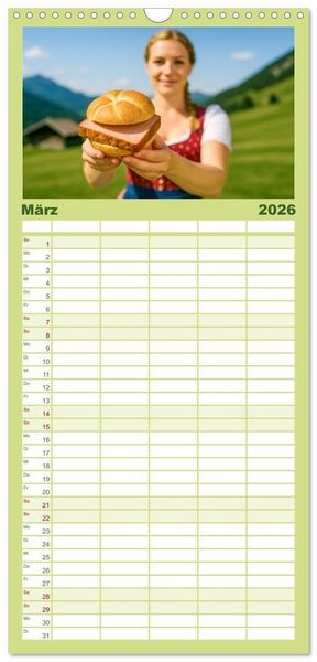 Produktbild: Familienplaner 2026 - Leberk&auml;se-Kalender - Die Leberk&auml;ssemmel aus Bayern mit 5 Spalten (Wandkalender, 21 x 45 cm) CALVENDO