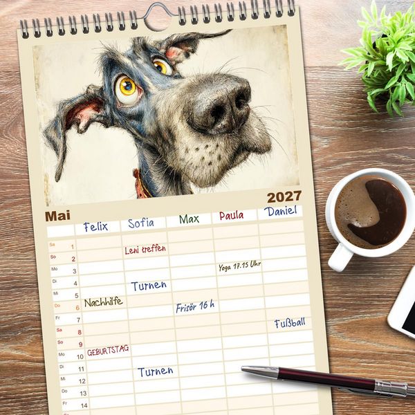 Produktbild: Familienplaner 2027 - Karikatur trifft Hund. Ein Blick auf charmante Vierbeiner mit 5 Spalten (Wandkalender, 21 x 45 cm) CALVENDO
