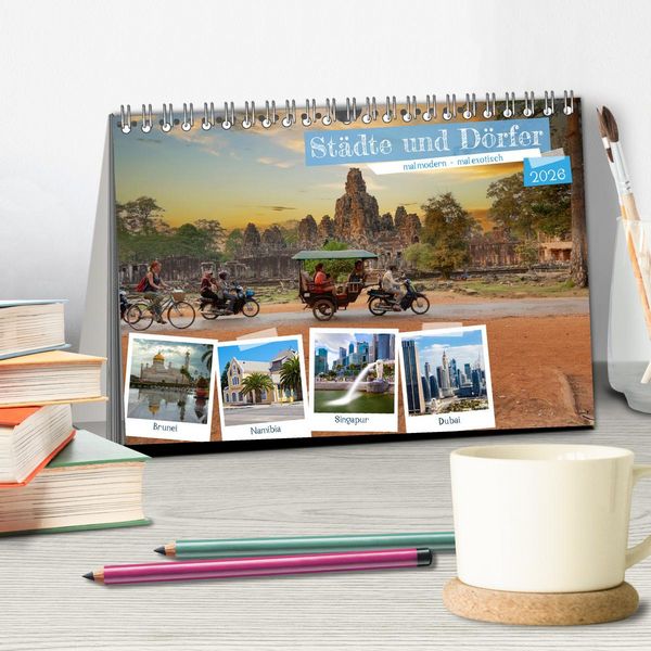 Produktbild: St&auml;dte und D&ouml;rfer, mal modern - mal exotisch (Tischkalender 2026 DIN A5 quer), CALVENDO Monatskalender