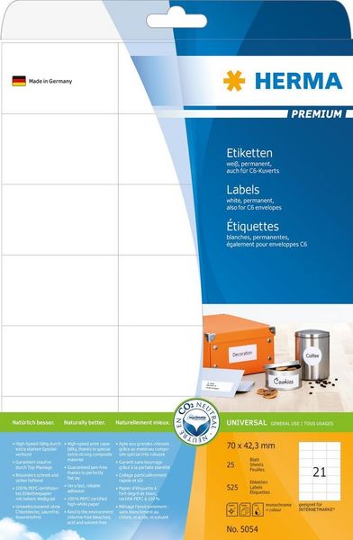 Produktbild: HERMA Etiketten permanent wei&szlig; 70x42,3mm 25 Blatt 525 St&uuml;ck