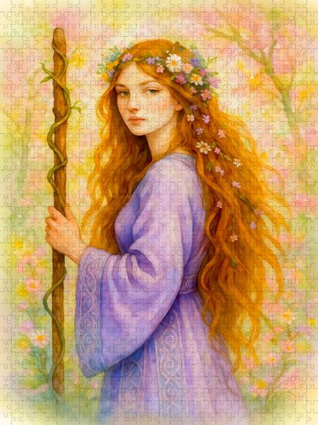 Produktbild: CALVENDO Puzzle Zarte keltische Druidin mit violettem Kleid und Zauberstab | 1000 Teile Lege-Gr&ouml;&szlig;e 64x48cm Foto-Puzzle f&uuml;r gl&uuml;ckliche Stunden