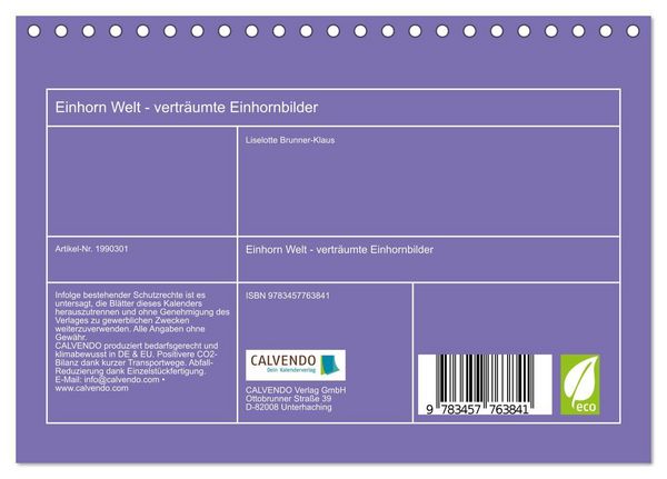 Produktbild: Einhorn Welt - vertr&auml;umte Einhornbilder (Tischkalender 2026 DIN A5 quer), CALVENDO Monatskalender