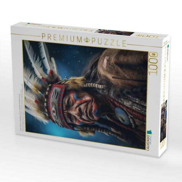 Produktbild: CALVENDO Puzzle Stolzer Blick: Ein H&auml;uptling und sein majest&auml;tischer Kopfschmuck | 1000 Teile Lege-Gr&ouml;&szlig;e 64x48cm Foto-Puzzle f&uuml;r gl&uuml;ckliche Stunden