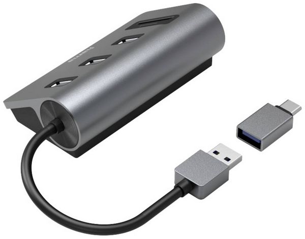 Produktbild: Hama 00200140 USB-Hub 5 Port USB-A, microSD, SD USB 3.2 Gen1 5 GBit/s mit eingebautem SD-Kartenleser, mit USB-C&reg; Stecker Grau