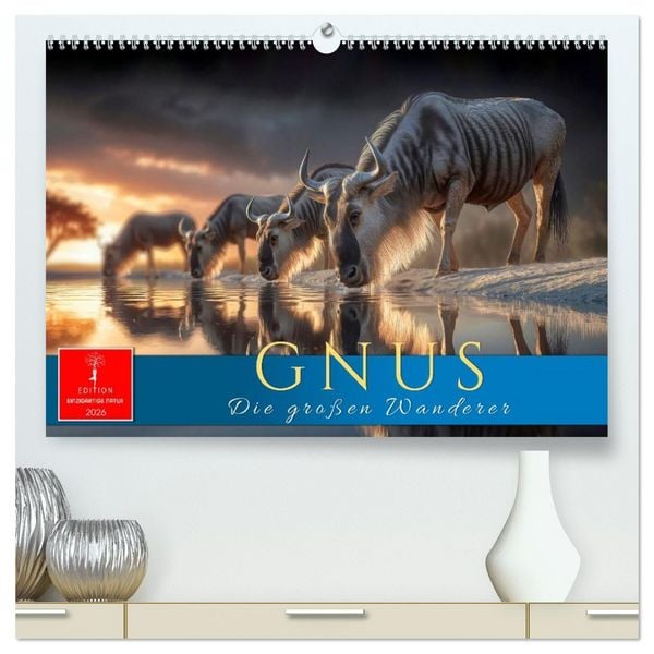 Produktbild: Gnus - die gro&szlig;en Wanderer (hochwertiger Premium Wandkalender 2026 DIN A2 quer), Kunstdruck in Hochglanz