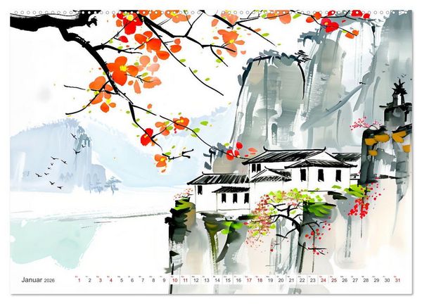 Produktbild: Fernost Impressionen - Tempel und Landschaften in KI-Tuschekunst (hochwertiger Premium Wandkalender 2026 DIN A2 quer), Kunstdruck in Hochglanz