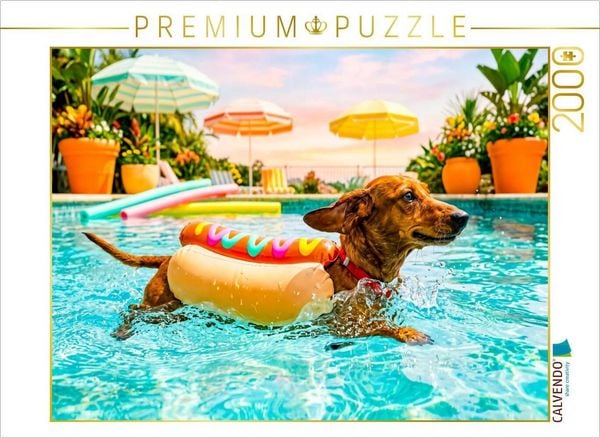 CALVENDO Puzzle Dackel im Hotdog Schwimmanzug im Pool | 2000 Teile Lege-Größe 90x67cm Foto-Puzzle für glückliche Stunden