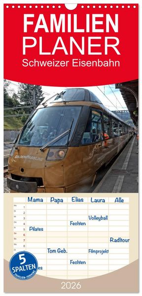 Produktbild: Familienplaner 2026 - Schweizer Eisenbahn mit 5 Spalten (Wandkalender, 21 x 45 cm) CALVENDO