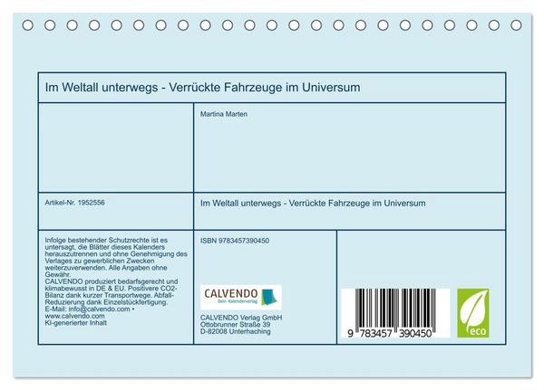 Produktbild: Im Weltall unterwegs - Verr&uuml;ckte Fahrzeuge im Universum (Tischkalender 2026 DIN A5 quer), CALVENDO Monatskalender
