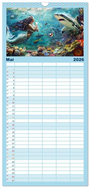 Produktbild: Familienplaner 2026 - Meerjungfrauen. Zauberhafte Nixen-Paintings mit 5 Spalten (Wandkalender, 21 x 45 cm) CALVENDO