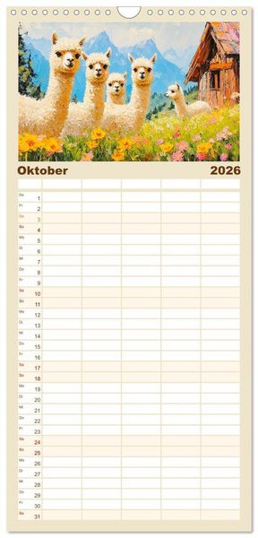 Produktbild: Familienplaner 2026 - Alpakas. Entz&uuml;ckende Paintings in duftigen Farben mit 5 Spalten (Wandkalender, 21 x 45 cm) CALVENDO