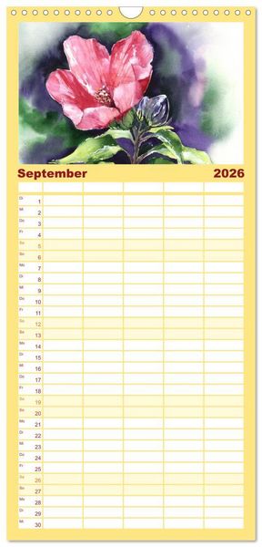 Produktbild: Familienplaner 2026 - Blumenaquarelle aus der N&auml;he mit 5 Spalten (Wandkalender, 21 x 45 cm) CALVENDO