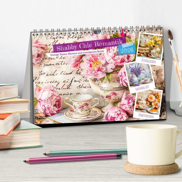 Produktbild: Shabby Chic Romantik - Vintage Tassen, Blumen und nostalgische Briefe (Tischkalender 2026 DIN A5 quer), CALVENDO Monatskalender