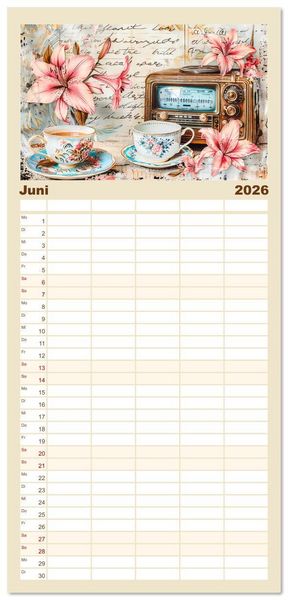 Produktbild: Familienplaner 2026 - Shabby Chic Romantik - Vintage Tassen, Blumen und nostalgische Briefe mit 5 Spalten (Wandkalender, 21 x 45 cm) CALVENDO