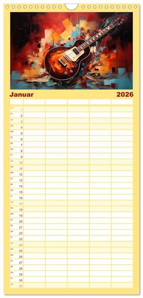 Produktbild: Familienplaner 2026 - Sechs Saiten, Zw&ouml;lf Monate - Der Gitarrenkalender mit 5 Spalten (Wandkalender, 21 x 45 cm) CALVENDO