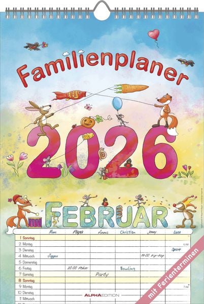 Produktbild: Familienplaner Cartoon 2026- Bildkalender 23,7x34 cm - 6 Spalten - Kalender mit Platz für Notizen - mit vielen Zusatzinformationen - Wandkalender