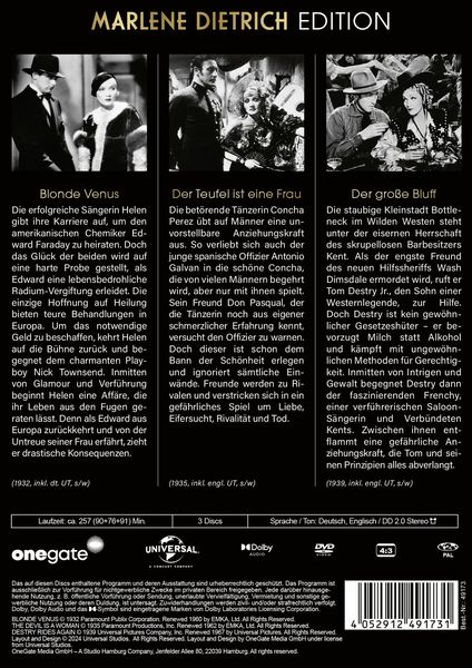 Produktbild: Marlene Dietrich Edition: Blonde Venus / Der Teufel ist eine Frau / Der gro&szlig;e Bluff (3 Filme auf 3 DVDs)