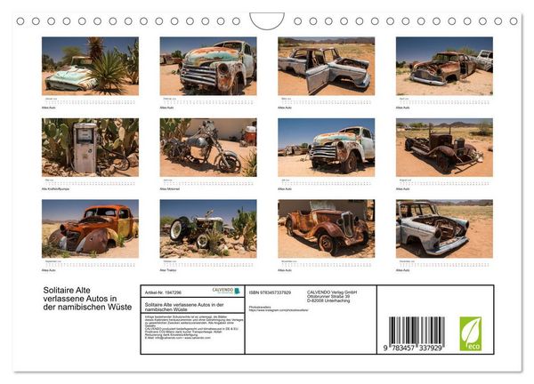 Produktbild: Solitaire Alte verlassene Autos in der namibischen W&uuml;ste (Wandkalender 2026 DIN A4 quer), CALVENDO Monatskalender