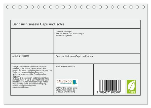 Produktbild: Sehnsuchtsinseln Capri und Ischia (Tischkalender 2026 DIN A5 quer), CALVENDO Monatskalender